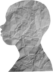 Human head silhouette with transparent background. People portrait with crumpled paper texture. Paper cut people from side angle.