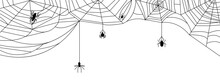 Black Cobweb Isolated Banner. Spiderweb Halloween Background With Spiders Silhouettes. Spooky Wall Sticker, Nets On White Decent Vector Graphics