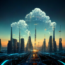 Design Of Futuristic Sky City  , Abstract Tower Architecture , Illustation Design , Internet Connect Of Line ,data Transfer