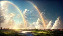 Double Rainbow And Yellow Gray Rain Clouds Over Windy Rainy Green Meadow In Bright Sunlight, 3d Render, Raster Illustration.