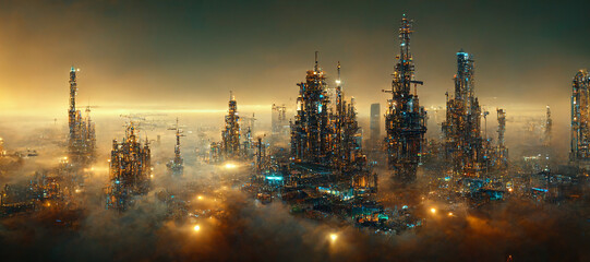 design of sunset in city with a steampunk theme   concept of future of steampunk , factory city abstract illustation design