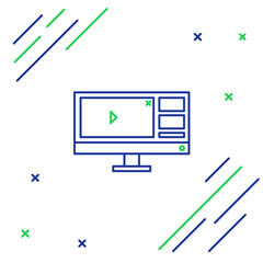 Poster - Line Video recorder or editor software on computer monitor icon isolated on white background. Colorful outline concept. Vector