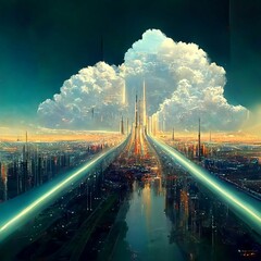 design of futuristic sky city  , abstract tower architecture , illustation design , internet connect of line ,data transfer
