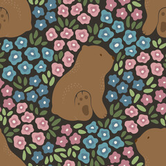 Wall Mural - Seamless pattern with cute hand drawn bears and trendy little flowers. Vector illustration.