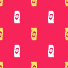 Sticker - Yellow Plaster on leg icon isolated seamless pattern on red background. Vector