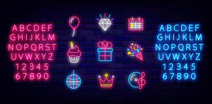 Happy Birthday neon icons collection. Shiny blue and pink alphabet. Christmas and New Year. Vector stock illustration