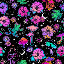 Beautiful Magical Pattern Of Flowers, Mushrooms And Frogs