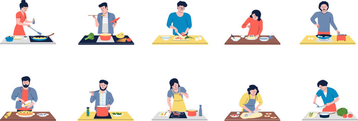 People cooking on kitchen, cutting food and cook on stove. Woman bake, student do breakfast or dinner. Person and boiling water in pot recent vector scenes