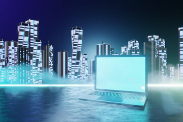 Fototapete - 3D illustration rendering. Laptop computer silver and black color blank screen with led line blue building background