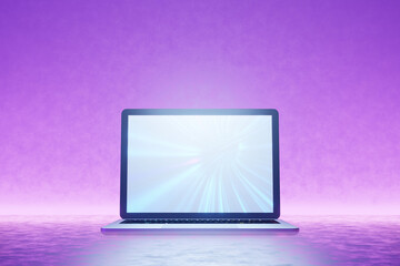 Fototapete - 3D illustration rendering. Laptop computer silver and black color blank screen on pink purple light background