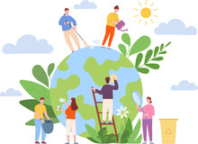 Volunteers Cleaning Globe. Ecologic Activists Clean Green Planet, Volunteers Helping Care Nature Of Earth, World Day Save Plant Environmental Eco Cooperation Vector Illustration