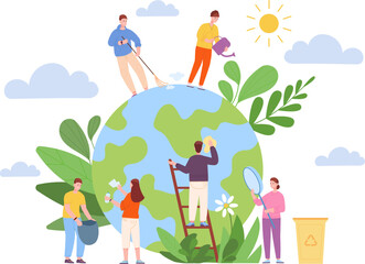 Volunteers cleaning globe. Ecologic activists clean green planet, volunteers helping care nature of earth, world day save plant environmental eco cooperation vector illustration