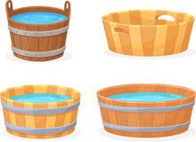 Cartoon Wooden Tub. Wood Vats With Hot Water, Rustic Baths Woodens Basins Round Handmade Bathtub For Wash Sauna Steam Spa Bathroom Or Storage Wine Bowl, Neat Vector Illustration