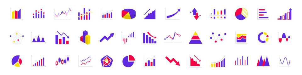 Business data charts. Diagrams and graphs. Business data market elements, statistic and data, infographics business, money, down or up, analytic report. Set of diagrams design elements for web