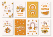 Set of hand drawn vector illustration fall autumn posters and cards, banners. Thanksgiving and seasonal greetings design in modern retro vintage groovy 60s 70s style.