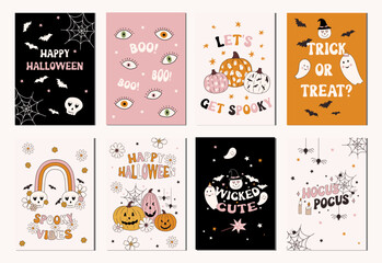Set of hand drawn vector illustration fall autumn posters and cards, banners. Halloween invitation card, banner design in modern retro vintage groovy 60s 70s style.