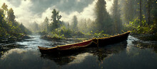 Boy Rowing A Boat In A River Through The Forest Digital Art Illustration Painting Hyper Realistic