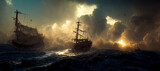 pirate ship called freedom stormy sea heading towards Digital Art Illustration Painting Hyper Realistic