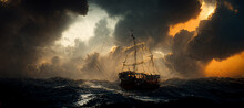 Pirate Ship Called Freedom Stormy Sea Heading Towards Digital Art Illustration Painting Hyper Realistic