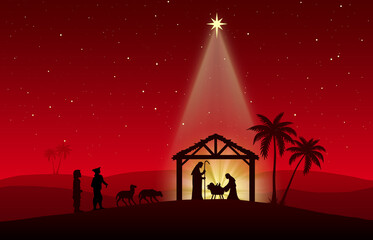 Poster - Chritmas Nativity Scene on red background