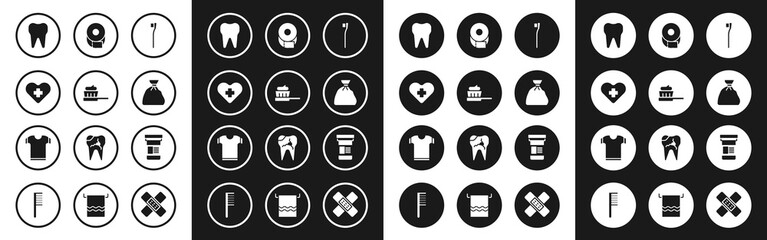 Poster - Set Toothbrush, with toothpaste, Heart cross, Garbage bag, Toilet paper roll, Medicine bottle and T-shirt icon. Vector