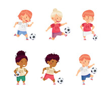Little Boy And Girl In Sports Shirt And Shorts Playing Football Kicking Ball And Scoring Goal Vector Set