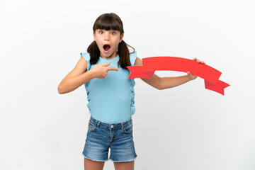 Wall Mural - Little caucasian kid isolated on white background holding an empty placard with surprised expression