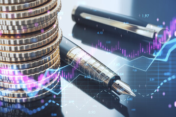 Poster - stacked coins and pen with abstract glowing forex chart and arrows on index grid hologram, blurry background. Trade, financial growth, trend, analytics, workplace and market concept. 