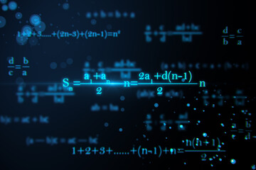Glowing mathematical formulas on blue background. Education, knowledge and statistics concept. 3D Rendering.