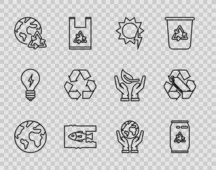 Sticker - Set line Earth globe, Can with recycle symbol and can, Solar energy panel, Stop ocean plastic pollution, Planet earth recycling, Recycle, Human hands holding and Recycling bottle icon. Vector