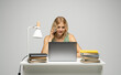 © Volodymyr_sh - Cheerful blonde freelancer woman in green t-shirt talks on mobile phone with a clients while working on laptop in modern light office studio. Corporate Communication.