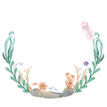 Hand Painted Illustration Of Coral Reef, Watercolor Under Water Wreath Suitable For Invitation, Card, Etc