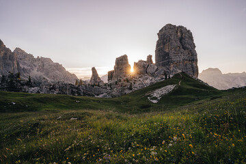 Wall Mural - Amazing sunrise morning view of Cinque Torri, Dolomites, South Tyrol, Italy. Famous rock formation Cinque Torri near Cortina d'Ampezzo, Italian Dolomiti. Unesco protected moutain landscape.