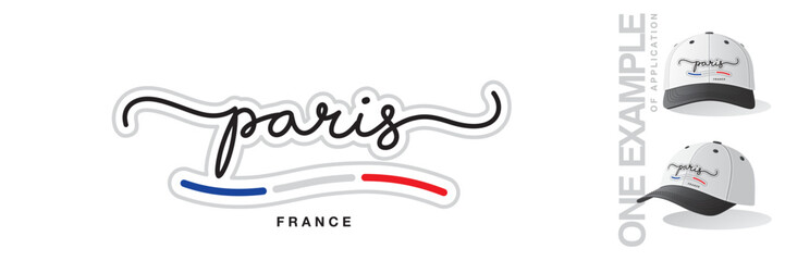 Wall Mural - Paris France, abstract France flag ribbon, new modern handwritten typography calligraphic logo icon with example of application