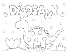 Dinosaur Coloring Page For Kids. Cute Black And White Design With Fun Letters And More Shapes To Color. You Can Print It On Standard 8.5x11 Inch Paper