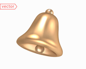 Sticker - Gold Bell. Tilted Golden Metal Bell isolated on a white background. Christmas symbol, notification, school, vintage bell icon. 3D render realistic vector object