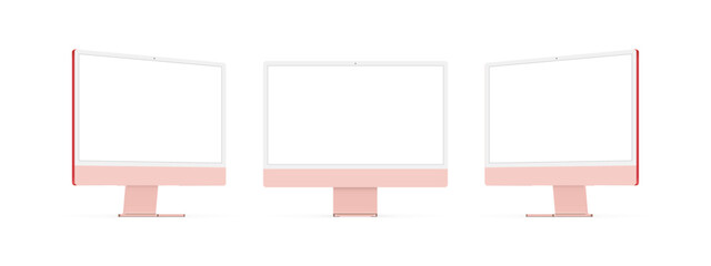 Fototapete - Pink Computer Monitors With Blank Screens, Front and Side View, Isolated on White Background. Vector Illustration