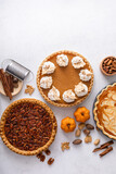 Fototapeta Kawa jest smaczna - Traditional fall Thanksgiving pies, pumpkin and pecan pie