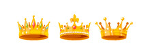 Set Of Medieval Royal Crowns For King, Queen, Prince Or Princess. Game Icons Of Gold, Coronas With Gems And Diamonds