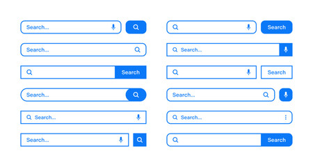 Various search bars with outline border. Internet browser engine with search box, address bar and text field. UI design, website interface element, web icons and push button. Vector illustration
