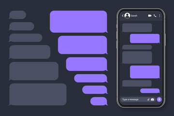 Realistic smartphone with messaging app. Blank SMS text frame. Conversation chat screen with violet message bubbles. Social media application. Vector illustration.