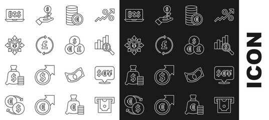 Wall Mural - Set line ATM and money, Currency exchange, Pie chart dollar, Coin with euro symbol, pound, Yen, Cryptocurrency and icon. Vector