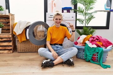 Sticker - Young blonde woman doing laundry sitting by washing machine smiling and confident gesturing with hand doing small size sign with fingers looking and the camera. measure concept.