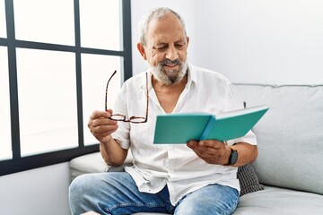 Canvas Print - Senior grey-haired man smiling confident reading book at home