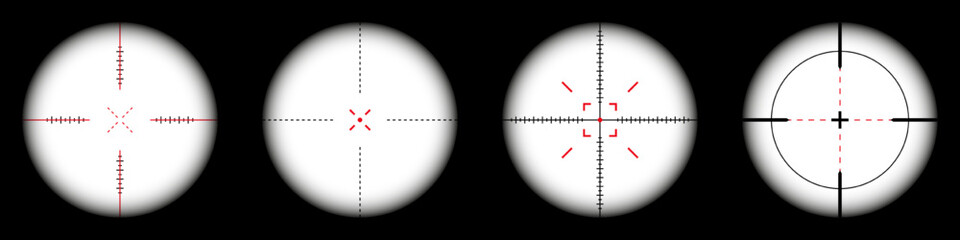 Weapon sights, sniper rifle optical scope on black background. Hunting gun viewfinder with crosshair. Aim, shooting mark symbol. Military target sign, silhouette. Game UI element. Vector illustration