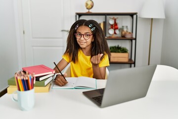 Poster - Young african american girl doing homework at home doing money gesture with hands, asking for salary payment, millionaire business