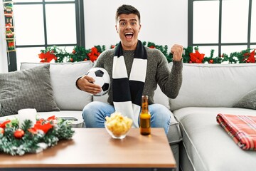 Poster - Young hispanic man football hooligan holding ball and beer screaming proud, celebrating victory and success very excited with raised arms