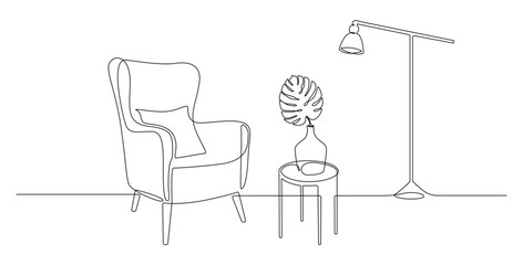 Poster - One continuous line drawing of armchair and lamp and potted plant. Modern loft cozy furniture for living room interior in simple linear style. Editable stroke. Doodle Vector illustration.