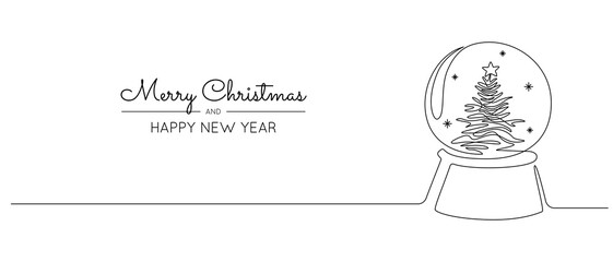 Fototapete - One continuous line drawing of Christmas crystal snow globe with xmas tree. Magic glass ball for winter xmas holiday concept in simple linear style. Editable stroke. Doodle vector illustration.