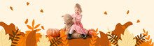 Cute Little Girl With Teddy Bear And Pumpkins In Autumn Park